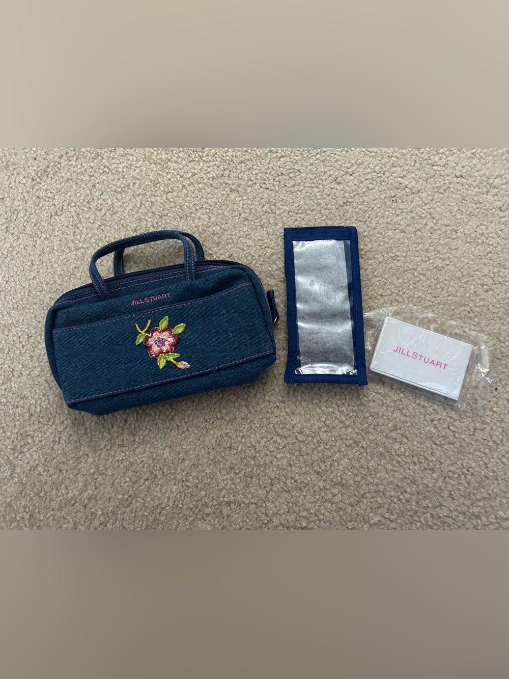 Jill Stuart Navy Denim Floral Embroidered cosmetic zip pouch